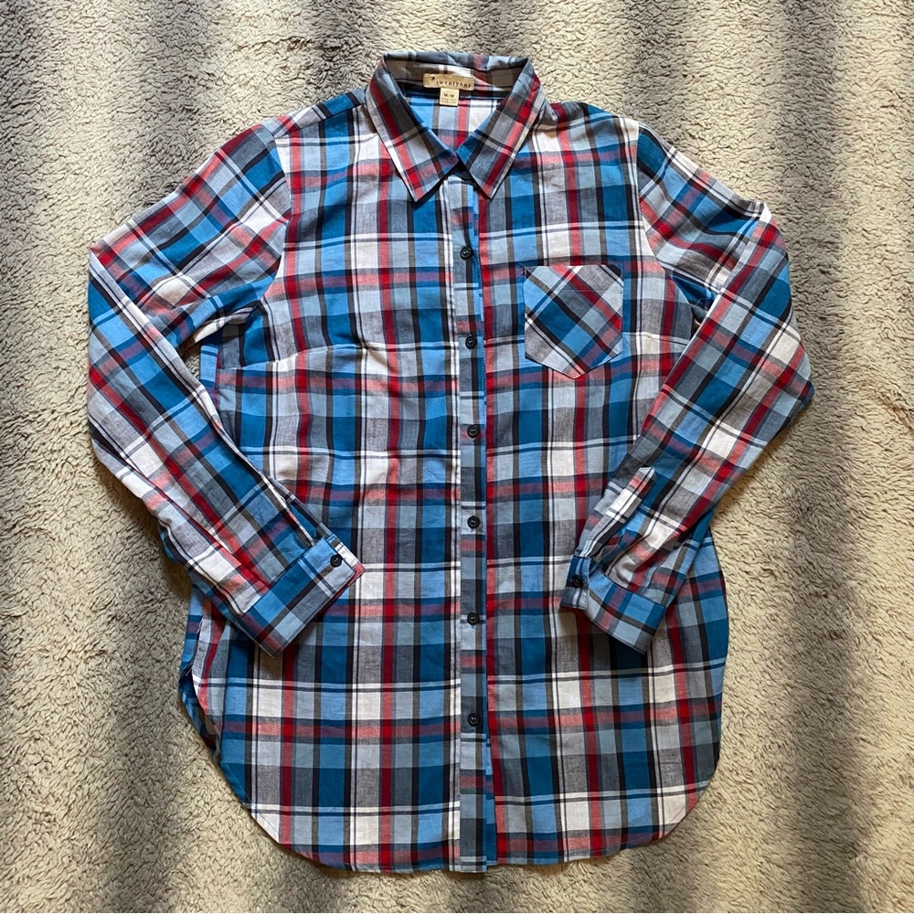 Twenty One Casual Longsleeve Button Down Plaid Shirt Mens Medium Red White Blue